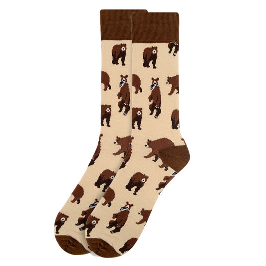 Men's Brown Bear Socks - Outdoorsman Gift - Beige socks with bear pattern, brown toe and heel.