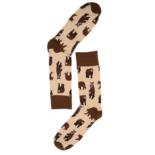 Men's Brown Bear Socks - Outdoorsman Gift - Beige socks with bear pattern, brown toe and heel.