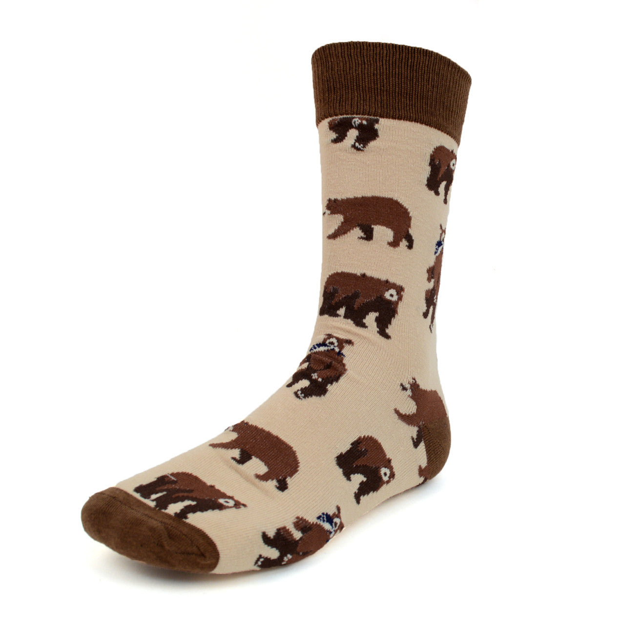 Men's Brown Bear Socks - Outdoorsman Gift - Beige socks with bear pattern, brown toe and heel.