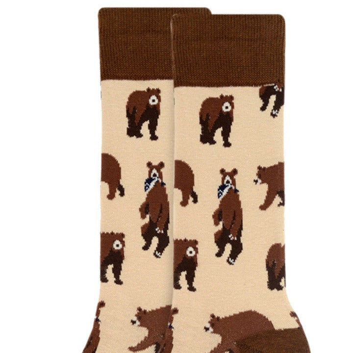 Men's Brown Bear Socks - Outdoorsman Gift - Beige socks with bear pattern, brown toe and heel.
