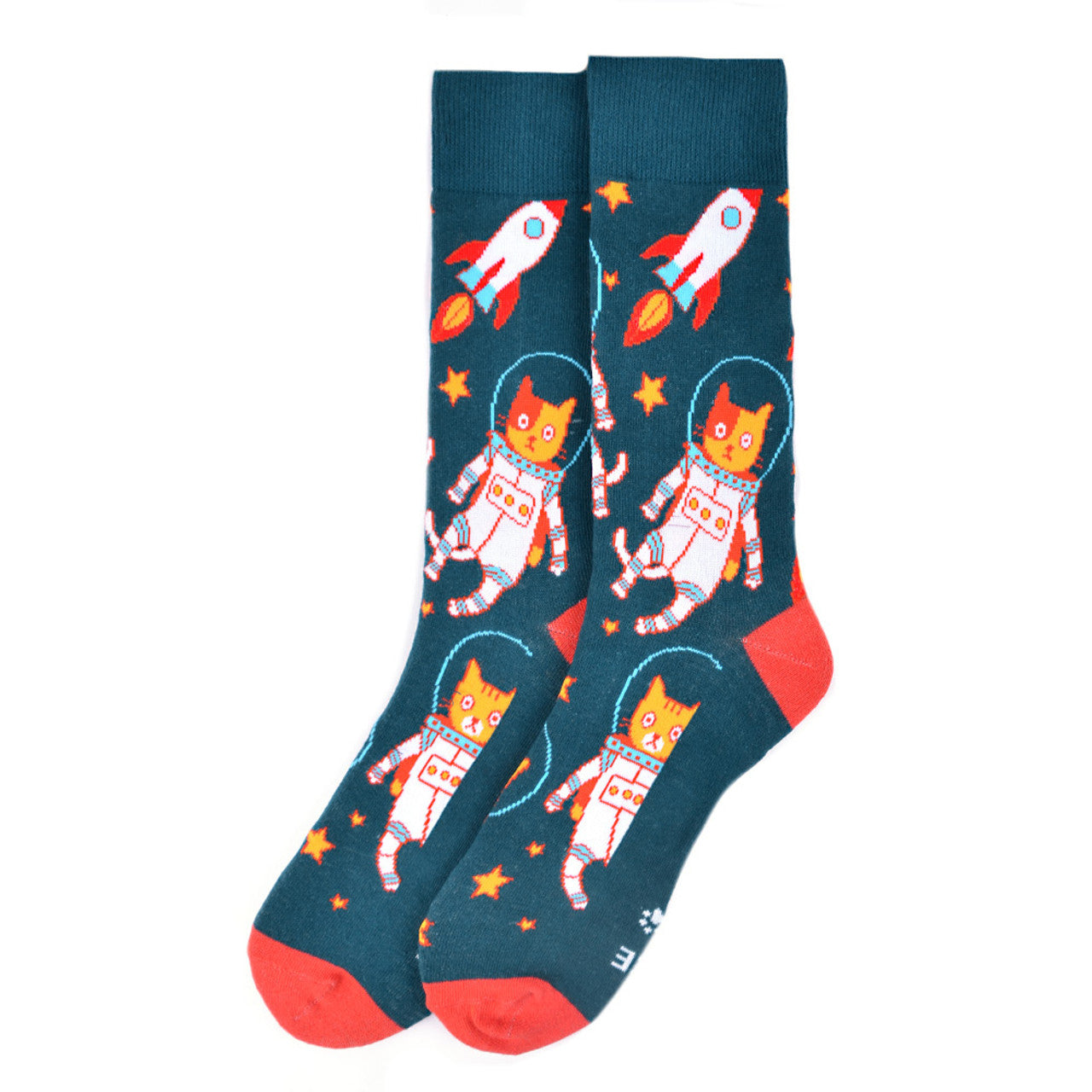 Men's Cat Astronaut crew socks - blue socks with Space Cat, Spaceship and Stars. Red heel and toe.