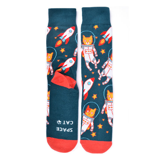 Men's Cat Astronaut crew socks - blue socks with Space Cat, Spaceship and Stars. Red heel and toe.