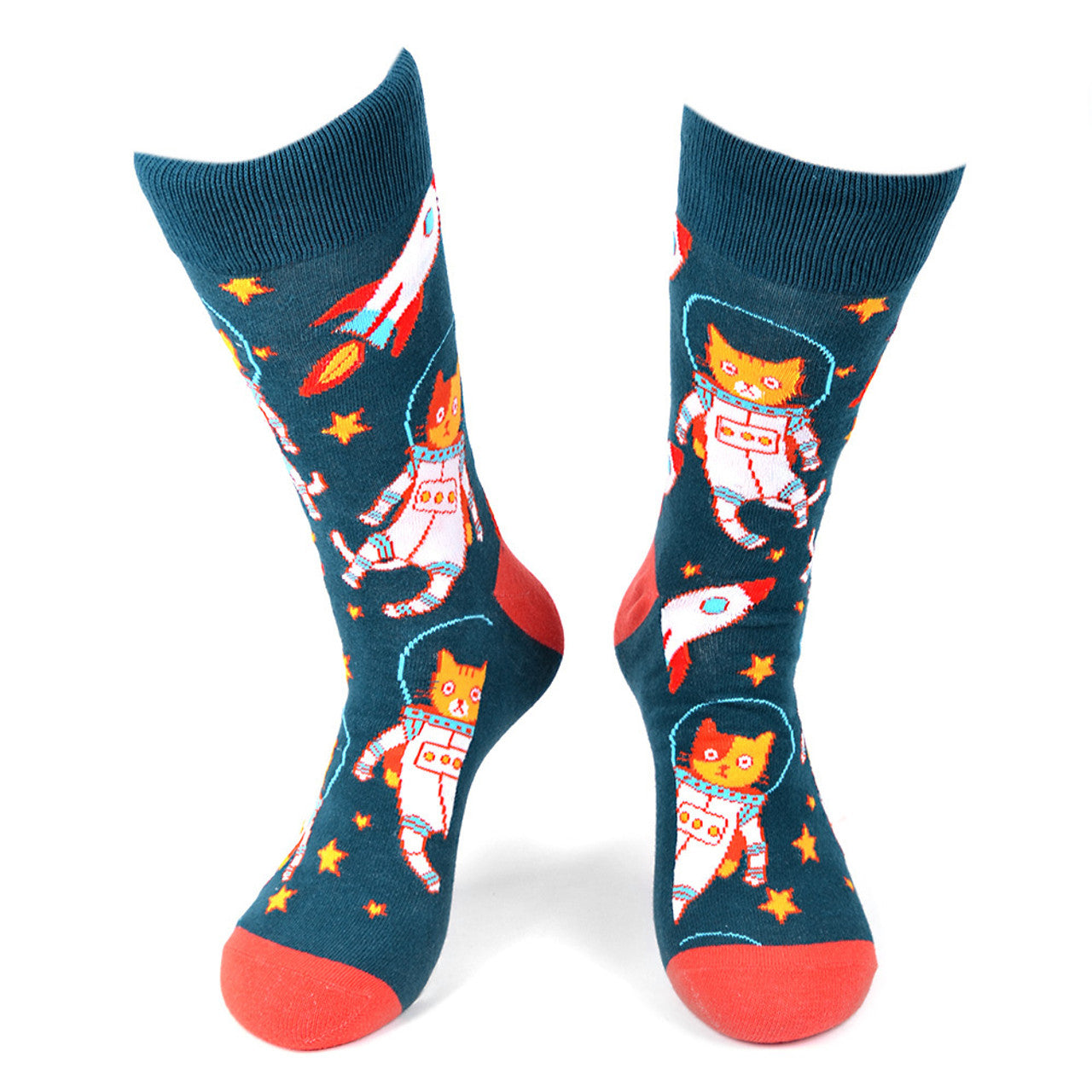 Men's Cat Astronaut crew socks - blue socks with Space Cat, Spaceship and Stars. Red heel and toe.