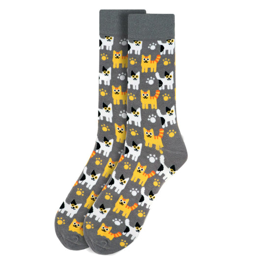 Men's Cat Socks - Kittens and Cat Lovers Socks - Grey socks with Orange and White cat pattern.