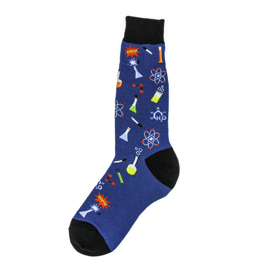 Blue sock with scientific symbols on a white background.