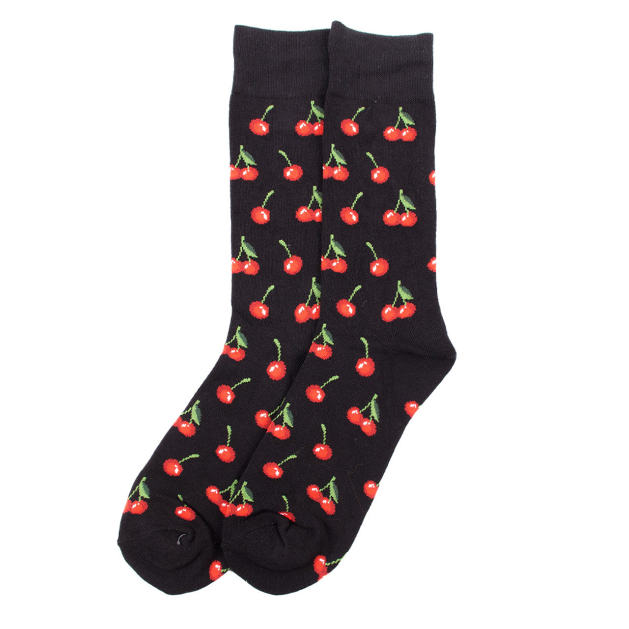 Men's Cherry crew socks - black socks with red cherry pattern.