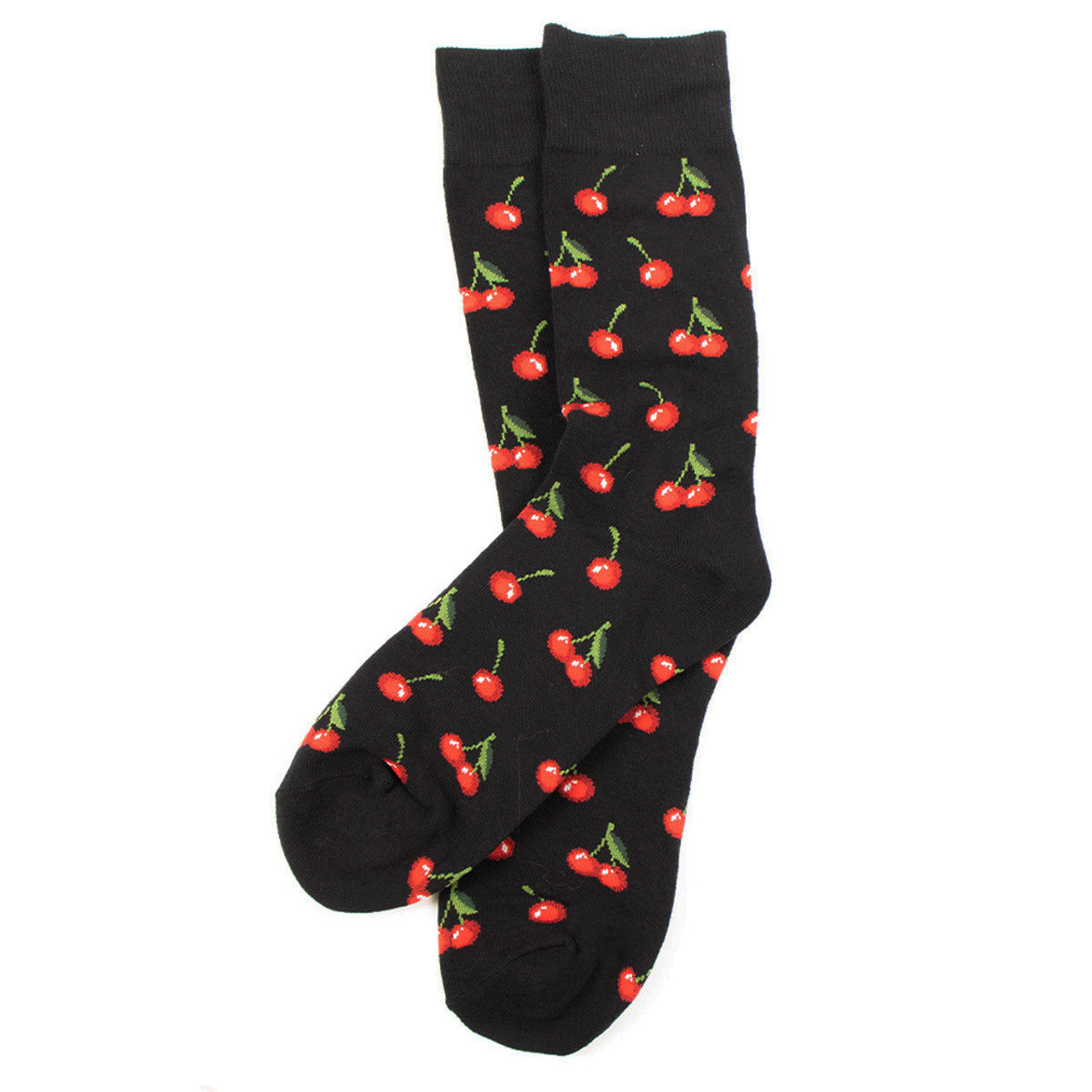 Men's Cherry crew socks - black socks with red cherry pattern.