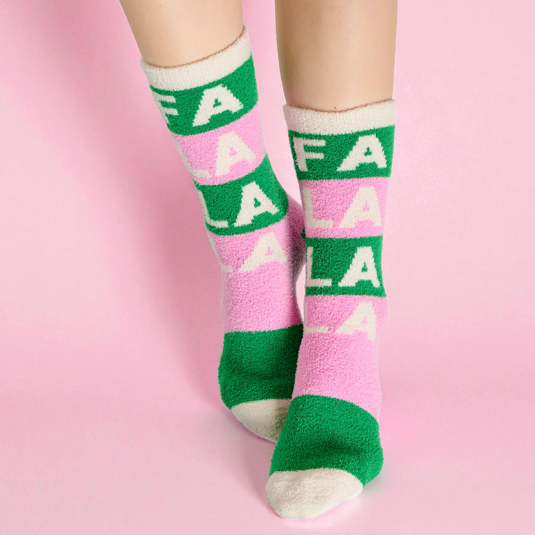 Women's Fuzzy Fa La La La Socks- Pink & Green Socks Christmas Gift