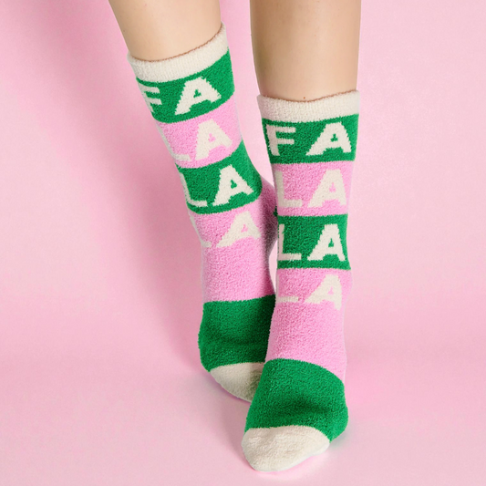 Women's Fuzzy Fa La La La Socks- Pink & Green Socks Christmas Gift