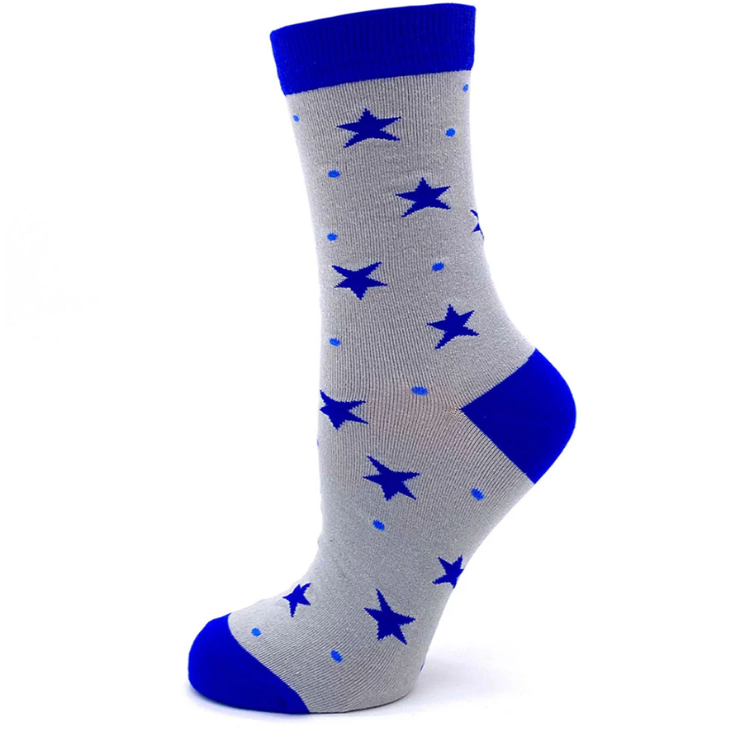 Gray sock with blue stars and cuffs on a white background