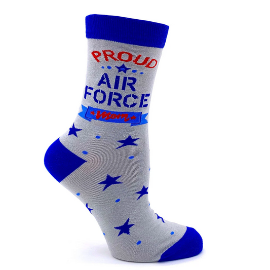 Gray sock with blue accents and 'Proud Air Force Mom' text on a white background