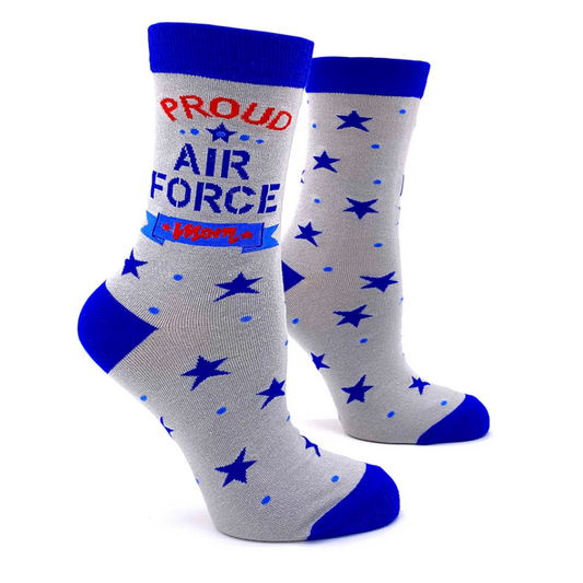 Gray socks with blue stars and 'Proud Air Force' text on a white background