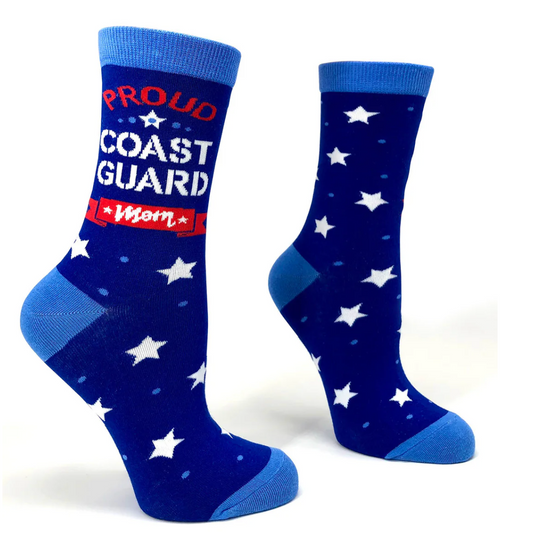 Women's coast guard mom socks with proud coast guard mom text and star pattern
