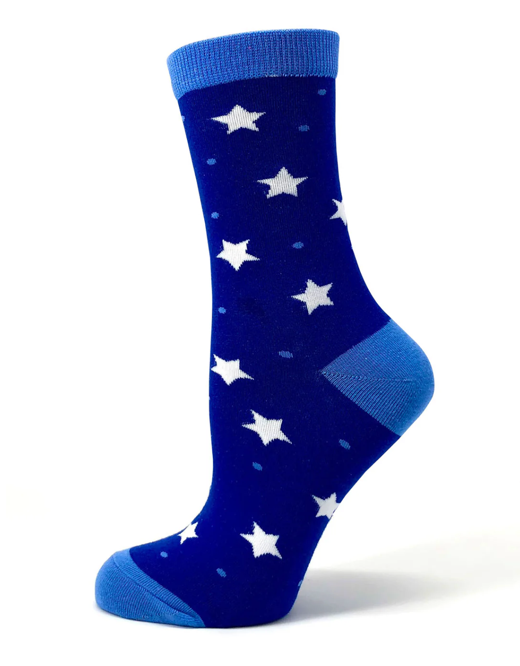 Blue sock with white star pattern on a white background