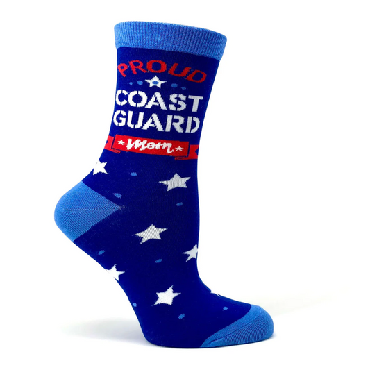 Blue sock with 'Proud Coast Guard Mom' text and star patterns.