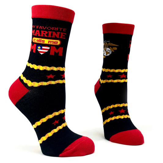 Women's marine mom socks with eagle globe and anchor emblem. Black crew socks with red and gold accents.
