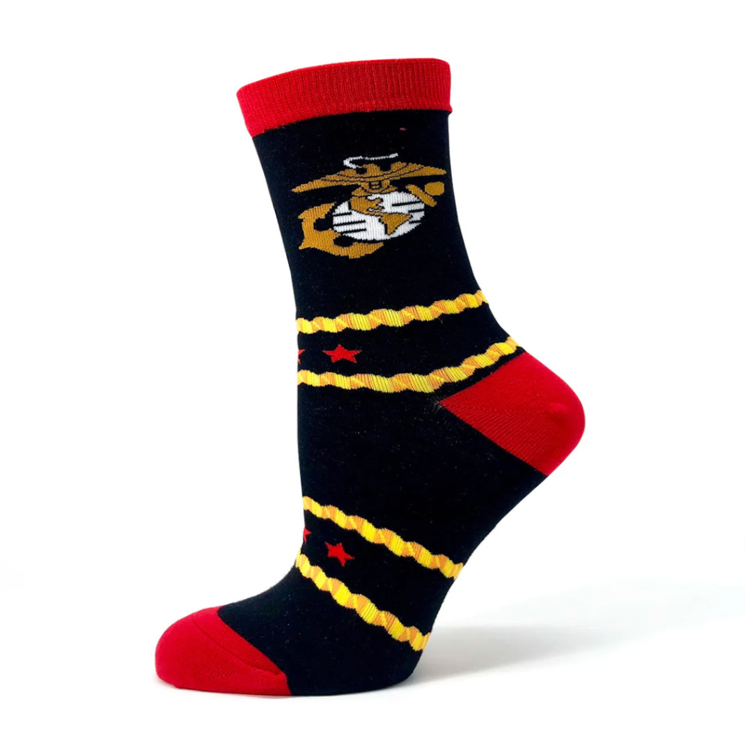 Black sock with red accents and a logo on a white background