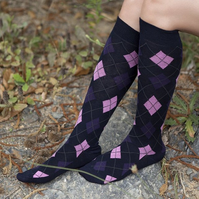 Women's Black Purple Diamond Argyle Knee High Socks