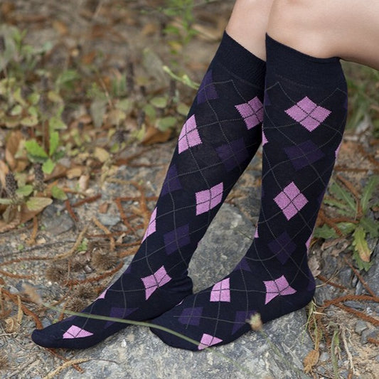 Women's Black Purple Diamond Argyle Knee High Socks