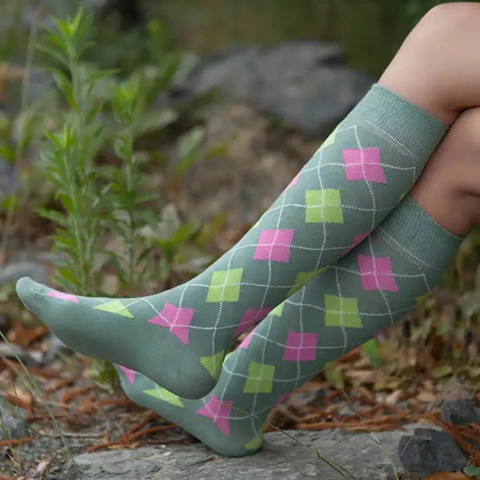 Women's Green Apple Argyle Knee High Socks