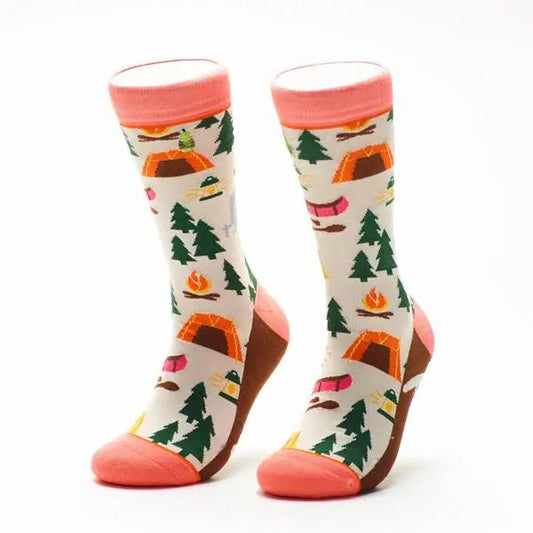 Womens crew socks with pictures of tents, evergreen, canoes, lanterns can campfires.