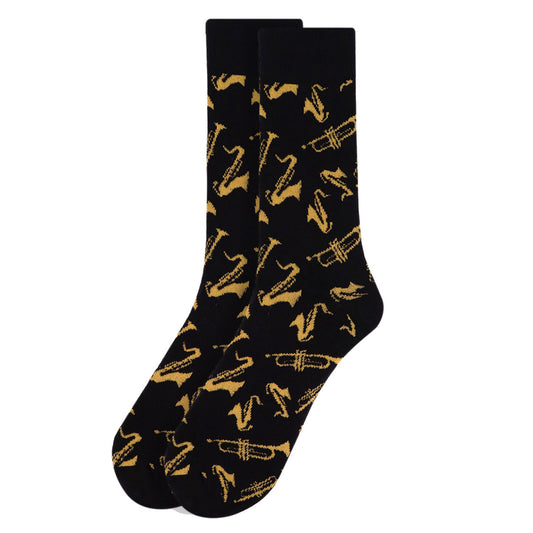 Mens Brass Instrument Saxophone Trumpet Music Socks - Black