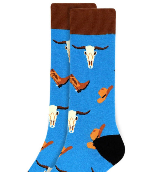 Men's Old West Western Cowboy Rodeo Crew Sock - Blue Brown