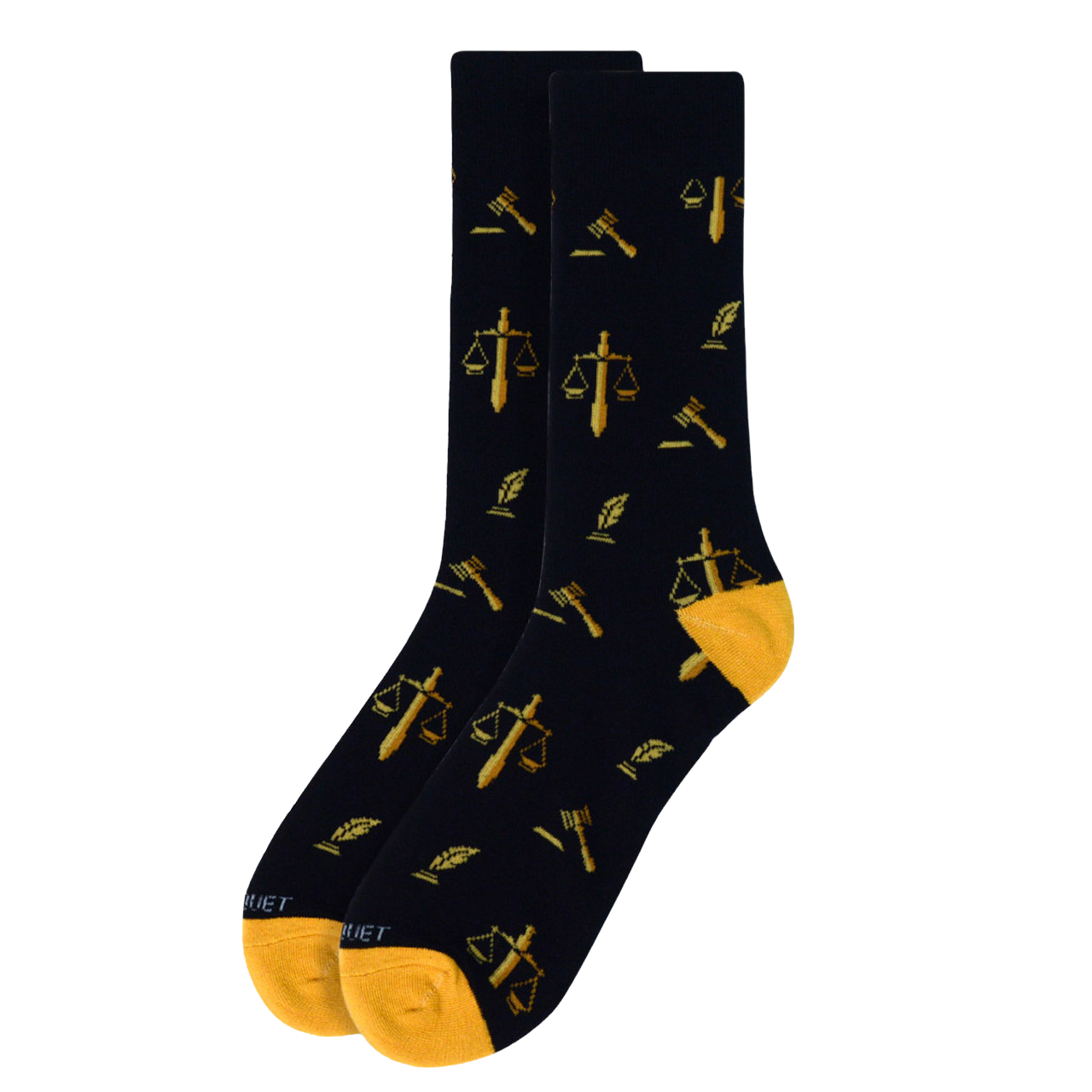 Pair of black lawyer-themed socks featuring gold scales of justice, quill, and gavel symbols, designed for legal professionals and bar exam candidates.