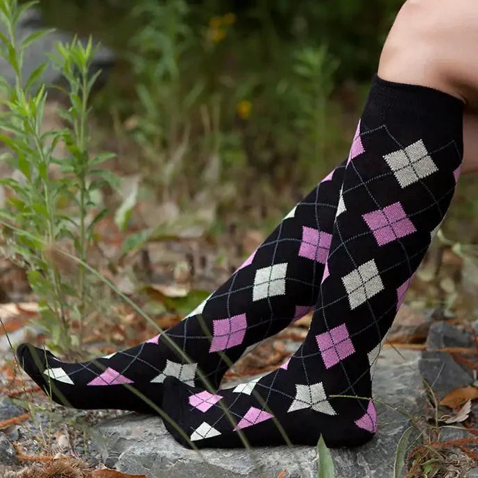 Women's Natural Black Argyle Knee High Socks