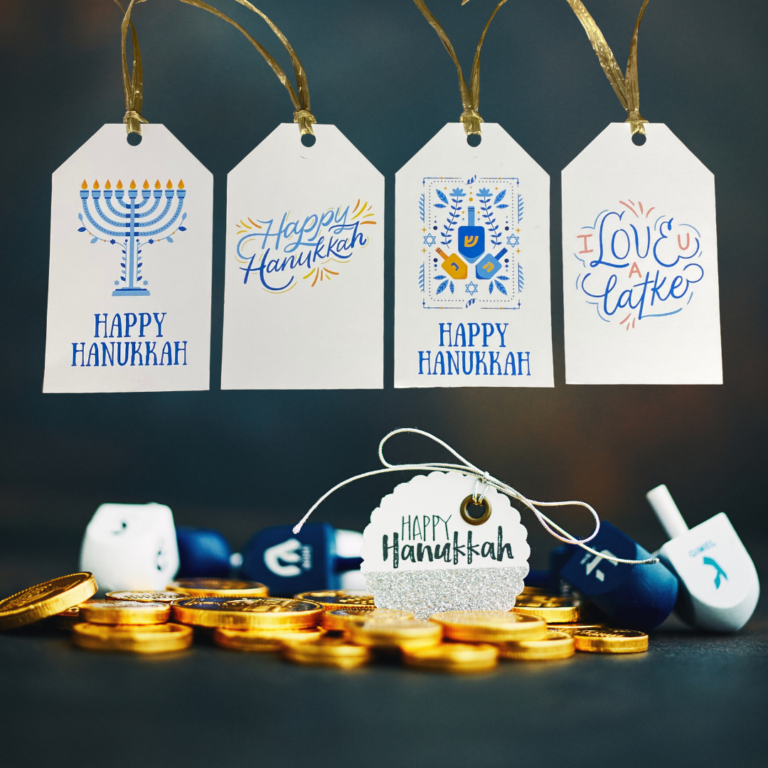 Set of 4 Hanukkah Gift Tags - Menorah Dreidel Latkes