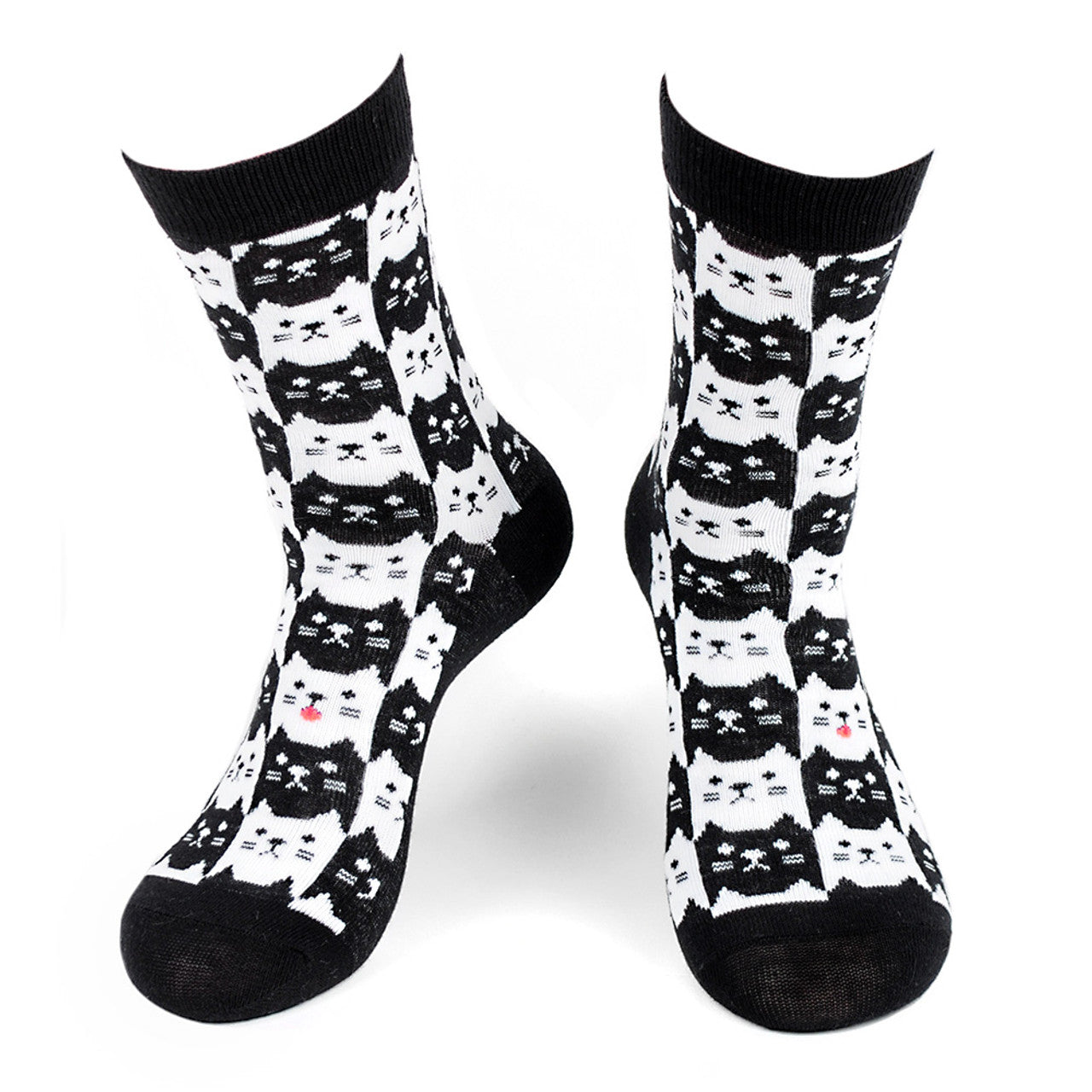 Women's Black and White Cat Crew Sock - Graphic Print