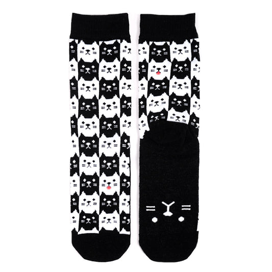 Women's Black and White Cat Crew Sock - Graphic Print