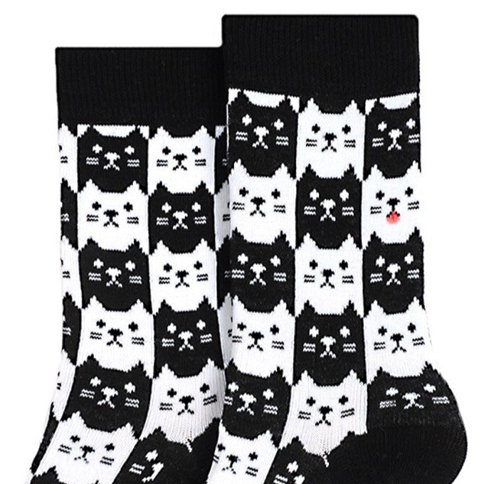 Women's Black and White Cat Crew Sock - Graphic Print