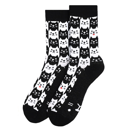 Women's Black and White Cat Crew Sock - Graphic Print