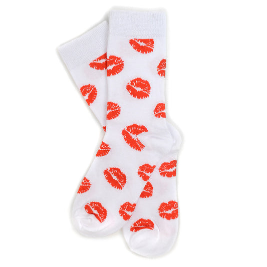 Women's White Socks with Red Lips Print - Kissing