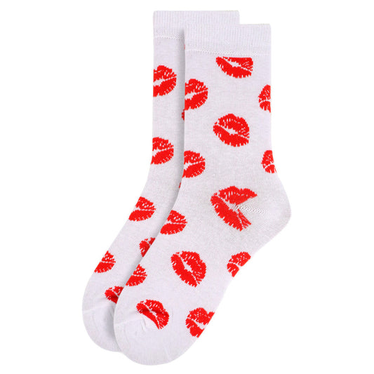 Women's White Socks with Red Lips Print - Kissing