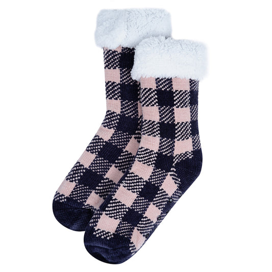 Women's Pink Buffalo Plaid Plush Fleece Lined Slipper Sock