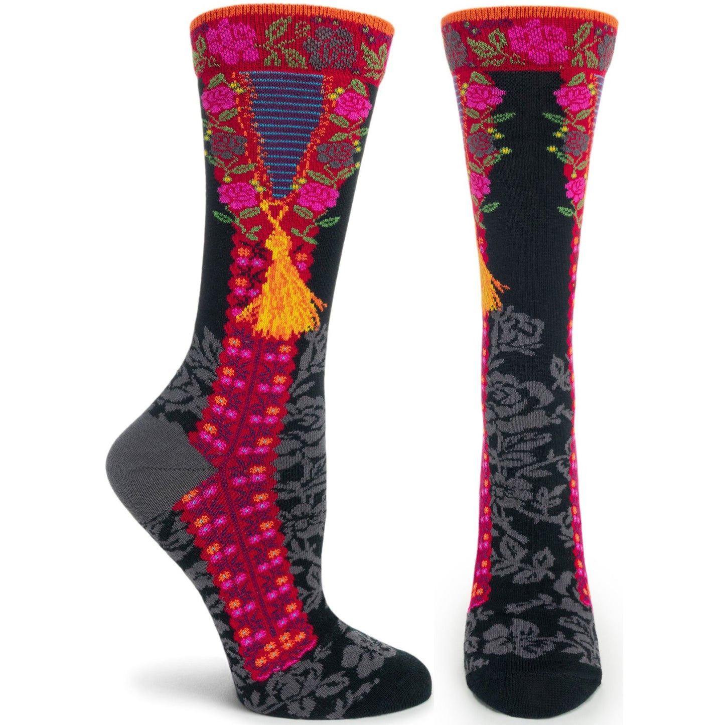 Women's Ozone Gold Tassel and Floral Crew Socks - Gray Pink