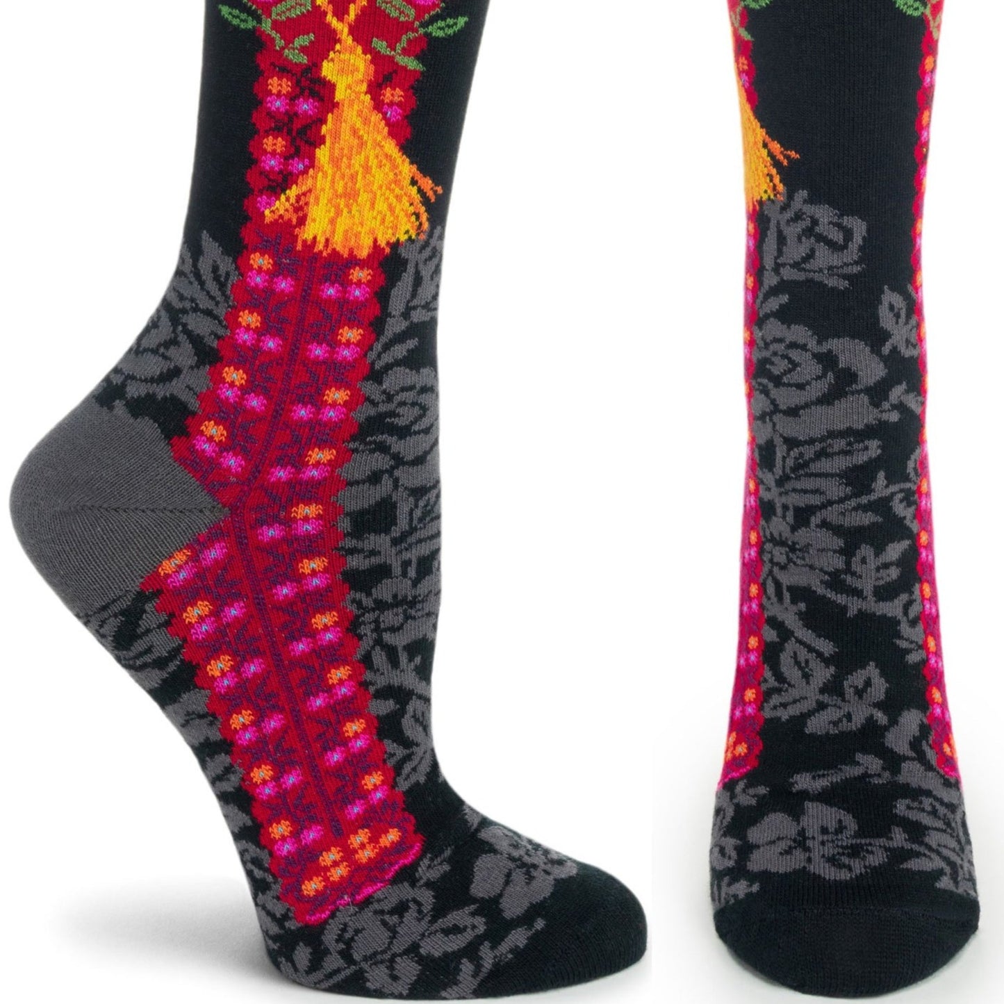 Women's Ozone Gold Tassel and Floral Crew Socks - Gray Pink