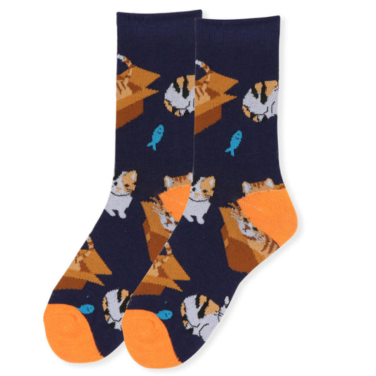 Women's Cat in a Box Fish Crew Sock - Blue