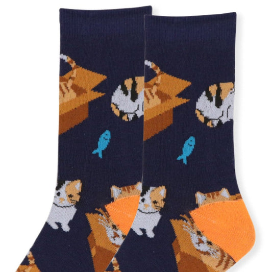 Women's Cat in a Box Fish Crew Sock - Blue