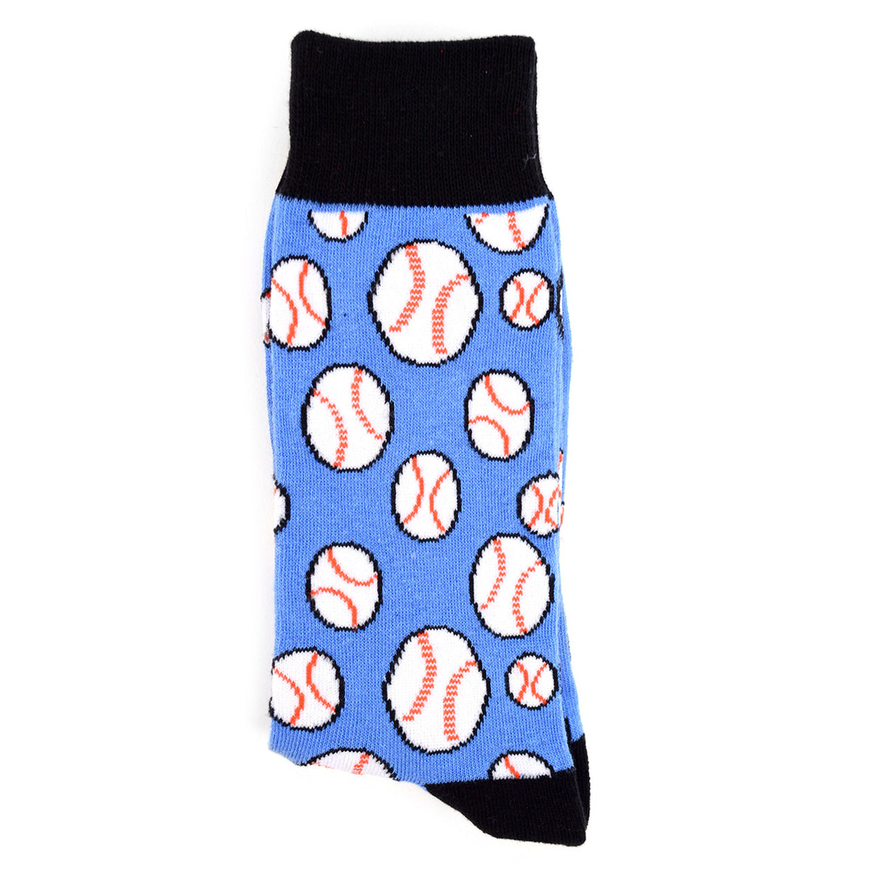 Men's Baseball Crew Socks - Blue with baseball pattern. Black toe and heel. Close up detail image.