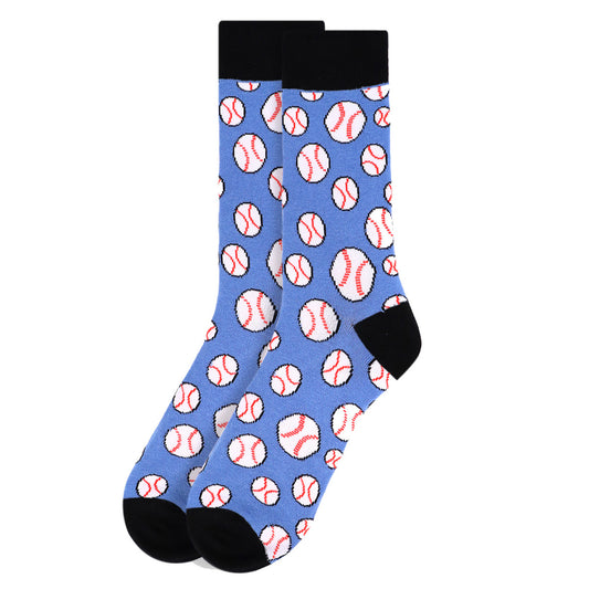 Men's Baseball Crew Socks - Blue with baseball pattern. Black toe and heel.