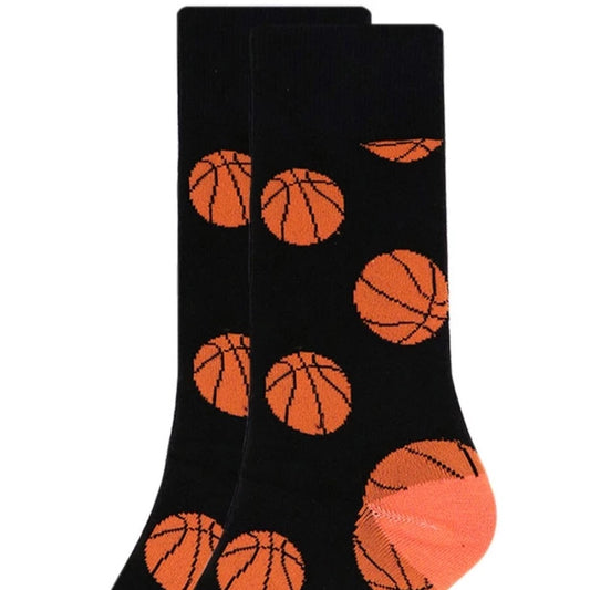Men's Basketball Crew Socks - Black with orange basketball pattern