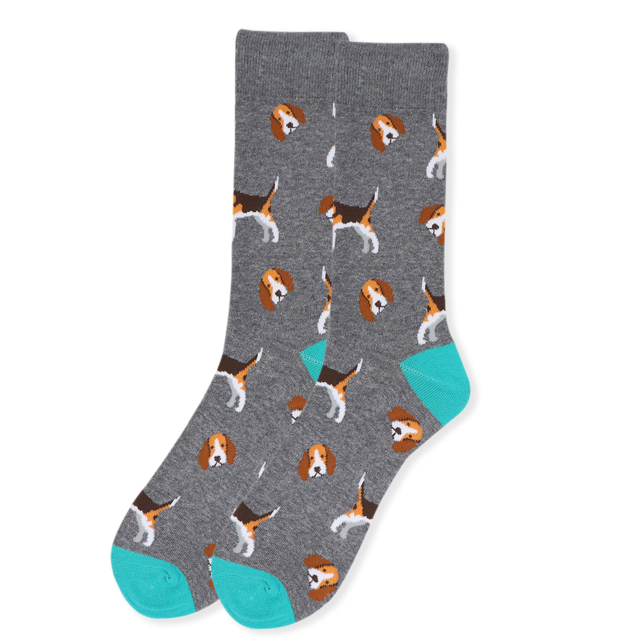 Men's Beagle Socks - Gray Dog Socks for Men. Grey with beagle pattern. Blue toe and heel.