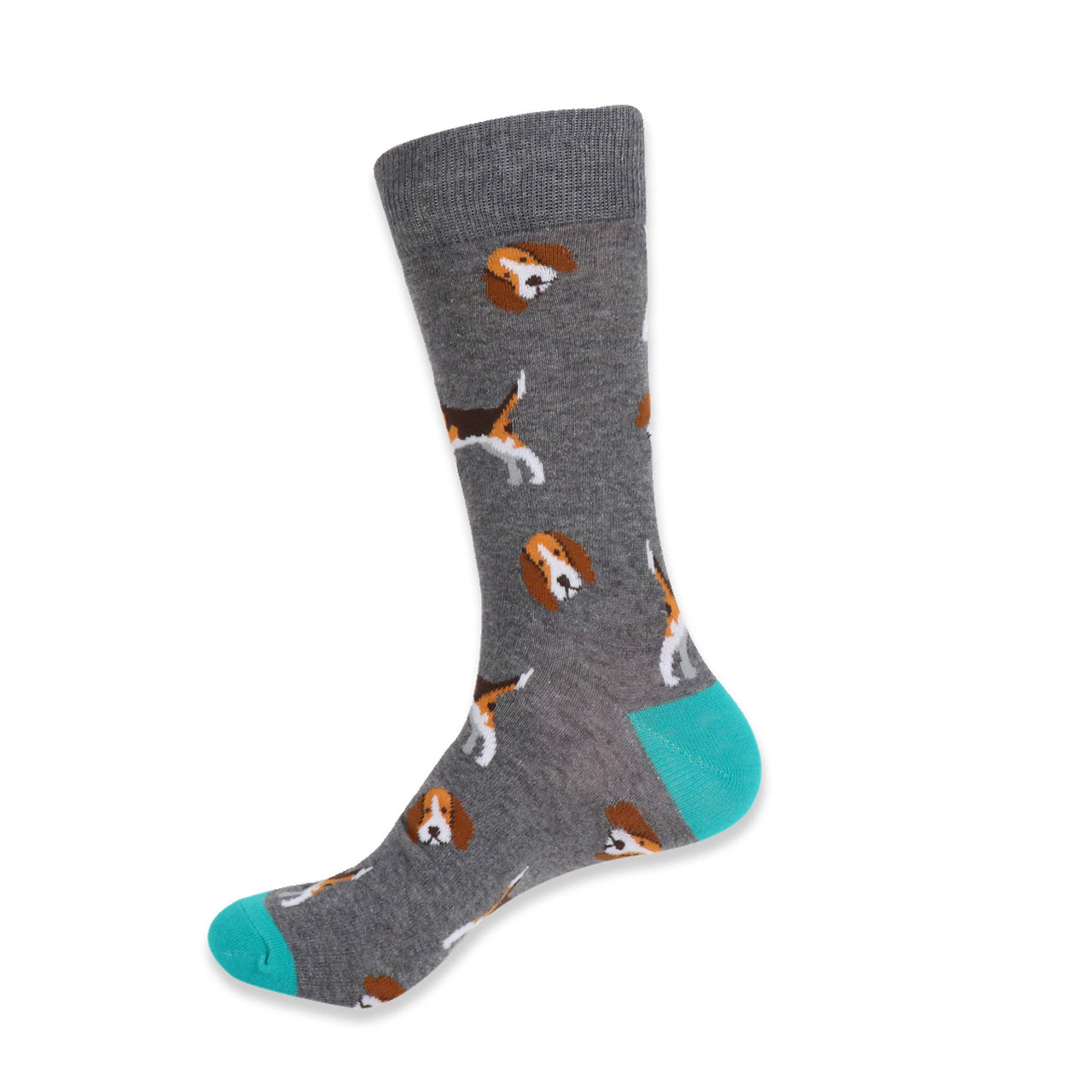 Men's Beagle Socks - Gray Dog Socks for Men. Grey with beagle pattern. Blue toe and heel.