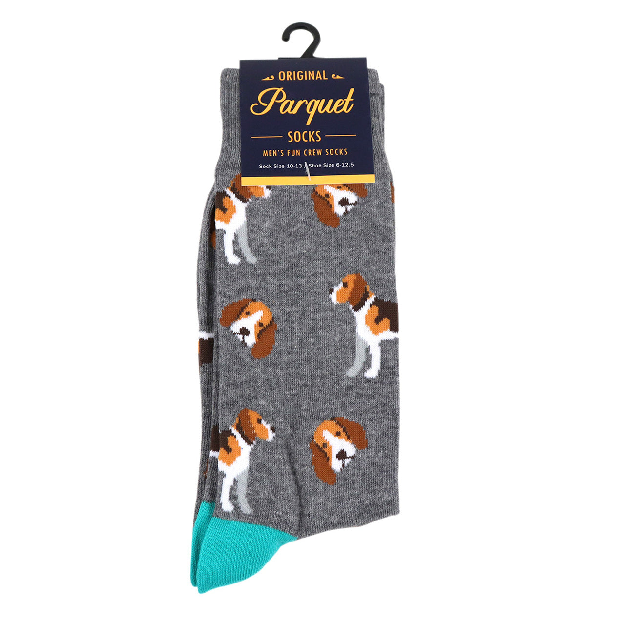 Men's Beagle Socks - Gray Dog Socks for Men. Grey with beagle pattern. Blue toe and heel. Packaged.