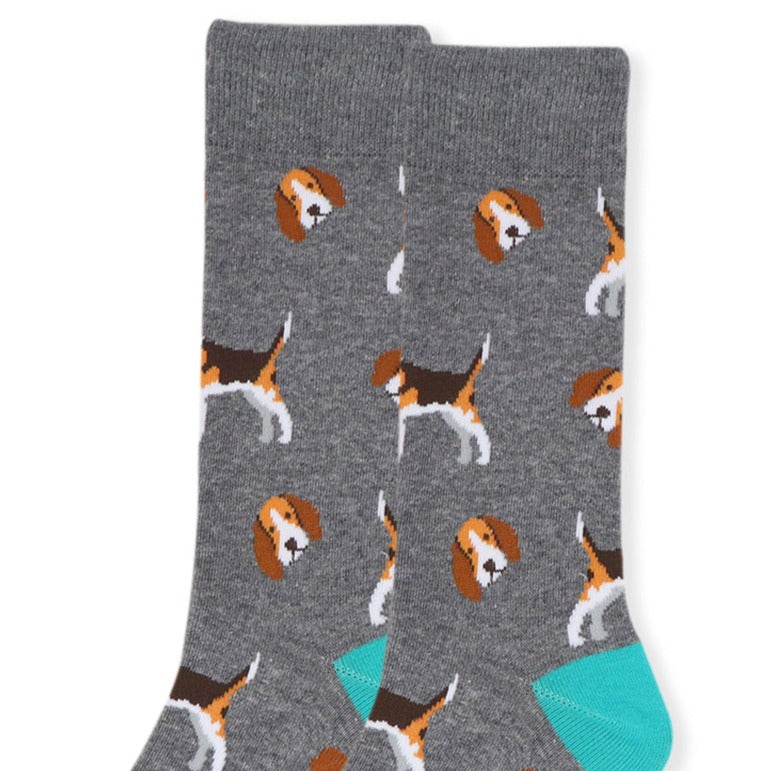 Men's Beagle Socks - Gray Dog Socks for Men. Grey with beagle pattern. Blue toe and heel.