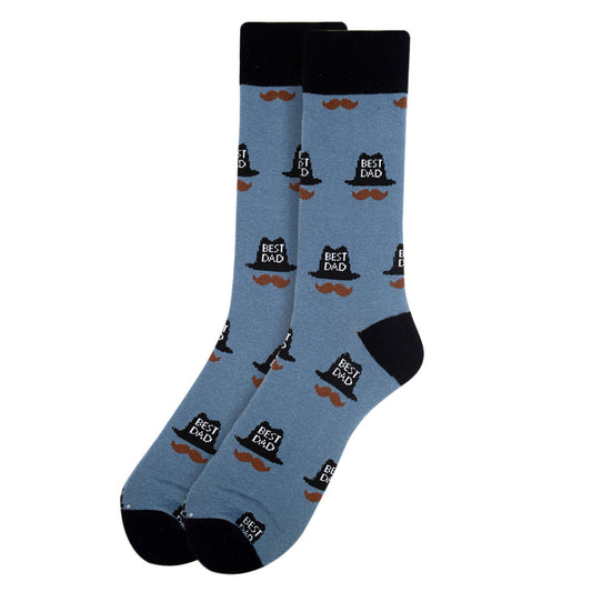 Men's Best Dad Crew Socks - Blue with black heel. Best Dad hat and mustache pattern.