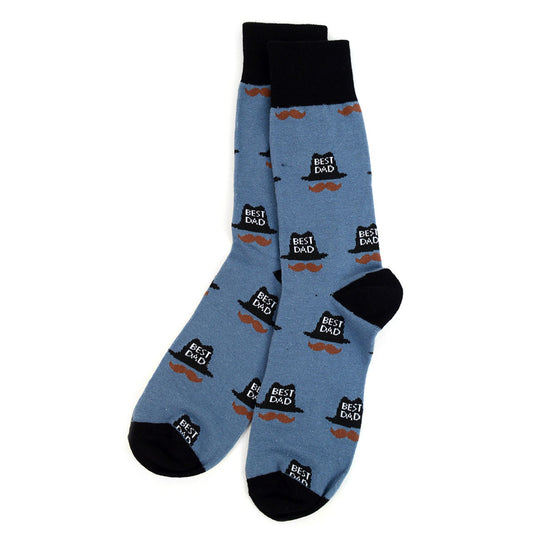 Men's Best Dad Crew Socks - Blue with black heel. Best Dad hat and mustache pattern.